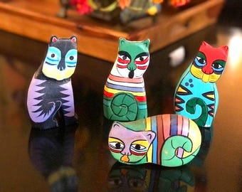 Four Hand Carved, Hand Painted Wooden Cats in Laurel Burch Style