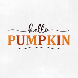 May include: A white background with the text "hello pumpkin" in brown and orange lettering. The text is surrounded by a decorative black swirl.