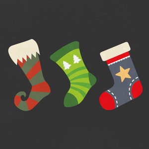 May include: Three Christmas stockings in different styles. One is red and blue with a star, one is green with white trees, and one is red and green with a pointed toe.