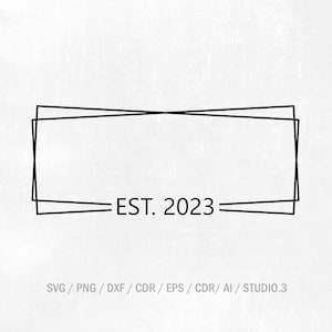 May include: A black and white graphic design featuring two overlapping square frames with the text "EST. 2023" in the center.