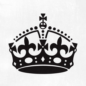 May include: Black and white graphic of a crown, featuring a fleur-de-lis design and a cross at the top. The crown has a series of small circles along the top and is set against a white background. The image is a simple, bold design.