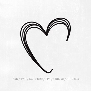 May include: Black line art heart design on a white background. The heart is composed of several curved lines, creating a layered effect. The image includes the text "SVG / PNG / DXF / CDR / EPS / CDR / AI / STUDIO.3".