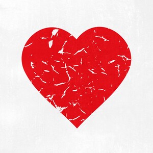 May include: A red heart with a distressed, worn look. The heart is a classic symbol of love and affection.