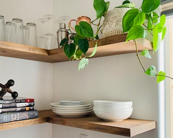 L-Shaped Floating Shelves Corner - SOLID Wood Customize Color and Size - Floating Shelf Corner Shelves Kitchen Shelving Farmhouse Rustic