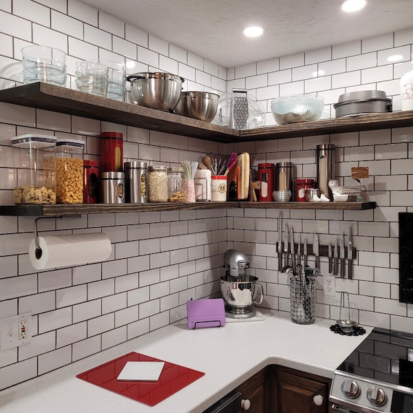 Corner L-Shape Floating Shelves with Hidden Steel Bracket - Kitchen Floating Wood Shelf Farmhouse Rustic Floating Shelving Industrial