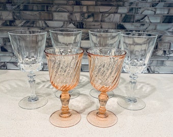 Vintage Mismatch Water Goblets Glass Stemware Pink Luminarc Wine And Crystal Wine Goblets Set Of 4 Clear and 2 Pink Luminarc Rosaline Swirl