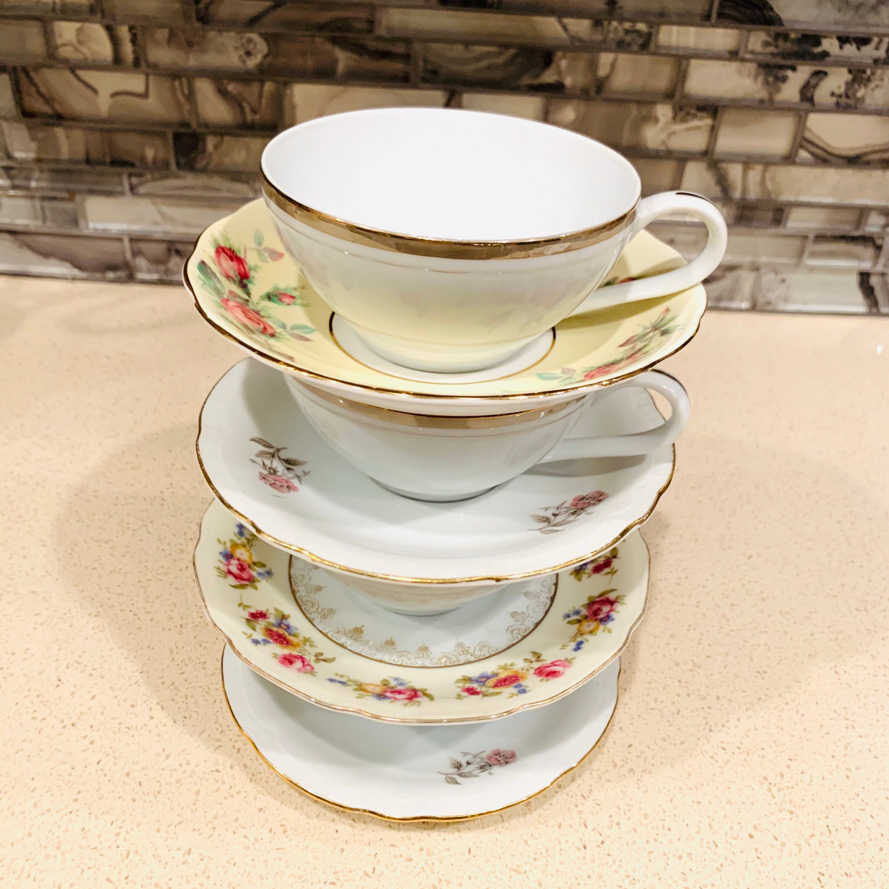 Mismatch Tea Cups And Saucers Set Of 4 All Cups Are Golden Etsy