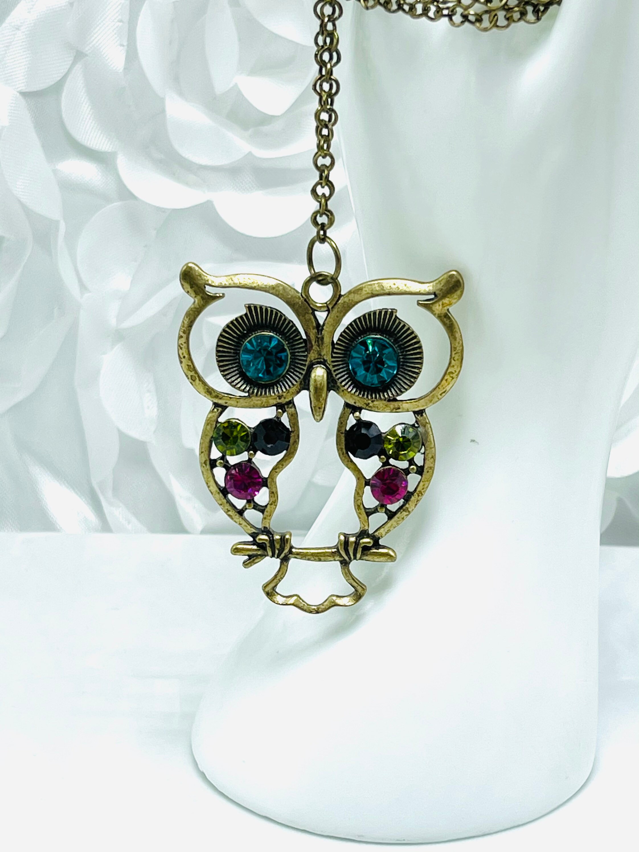 Owl Rhinestone Necklace Old Gold Tone Multi Colored Rhinestone Necklace
