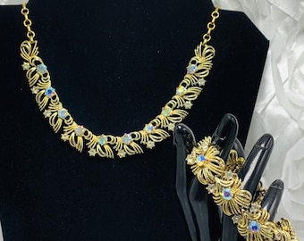Coro Necklace Aurora Borealis Choker Rhinestones Gold Tone Jewelry Set Necklace/Choker and Bracelet
