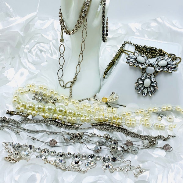 Wedding Craft Lot Silver Tone Rhinestones Crystals GlassAnd Pearls Destash Repurposing Salvage Bridal Jewelry
