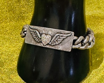 Heart Angel Wings Chunky Chain Bracelet Metallic Metal Rhinestone Heart