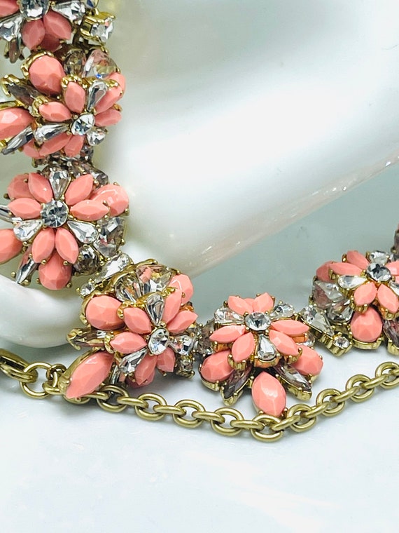 J Crew Pink Coral Clear Rhinestone Floral Necklac… - image 5