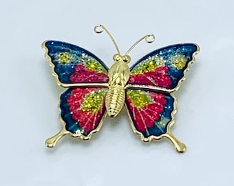Vintage Enamel Glitter Brooch Rainbow Gold Tone