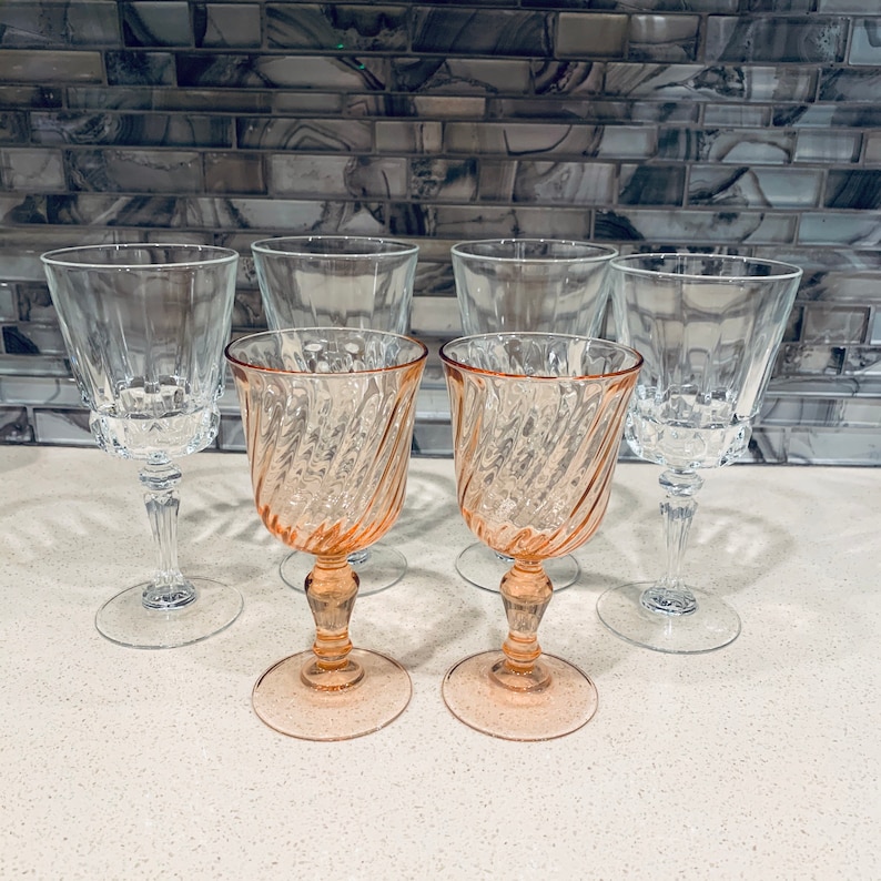 Vintage Mismatch Water Goblets Glass Stemware Pink Luminarc Wine And Crystal Wine Goblets Set Of 4 Clear and 2 Pink Luminarc Rosaline Swirl