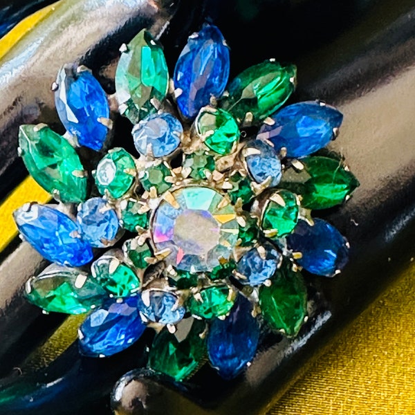 Blue Green Floral Rhinestone Brooch Aurora Borealis MCM Jewelry Regency Old Hollywood Glamour Pronged Setting