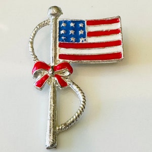 Patriotic American Flag Brooch Pin Red Ribbon Bow Enamel Silver Tone USA Themed Jewelry