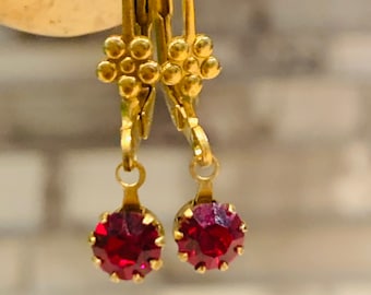 Valentines Swarovski Red Ruby Crystal Earrings Hand Made Drop Dangle Setting Flower Raw Brass Lever Back Earring Wire Hand Made
