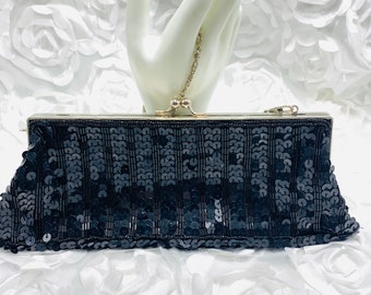 Vintage Black Sequined Purse Art Deco Style Evening Clutch