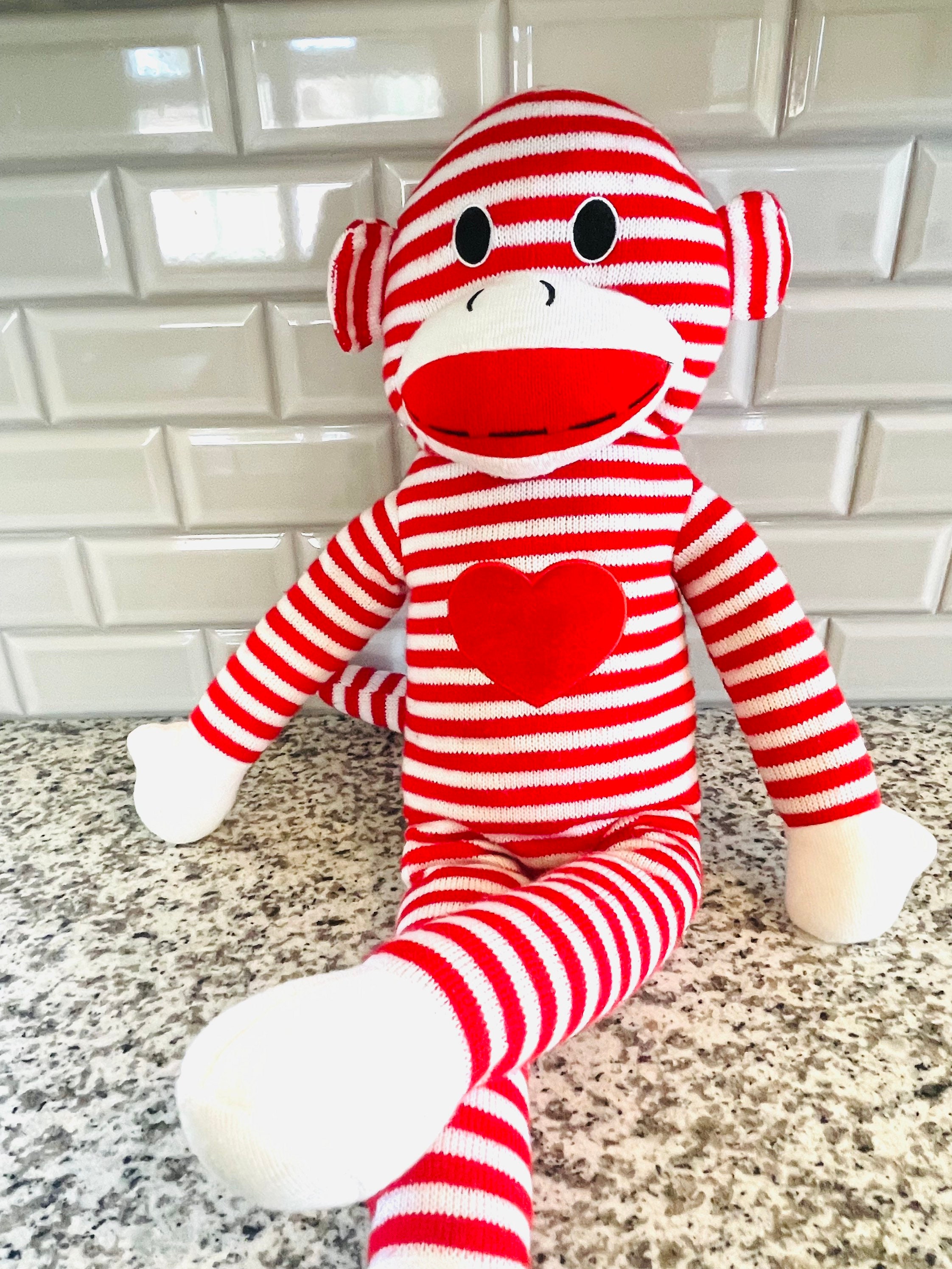 Fun Fun Toys Sock Monkey Striped Red Heart on Chest Brown White Plush Stuffed