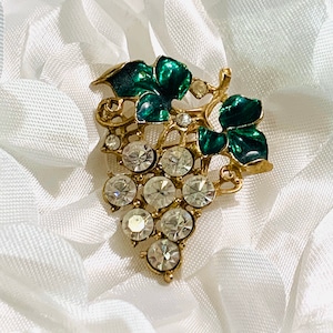 Vintage Rhinestone Grapes Cluster Brooch Gold Tone Enamel Cluster of Grapes Brooch