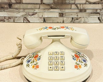 Empress Push Button Telephone 1973 Ivory Floral American Telecommunications Corporation Cords Not Included Not Tested