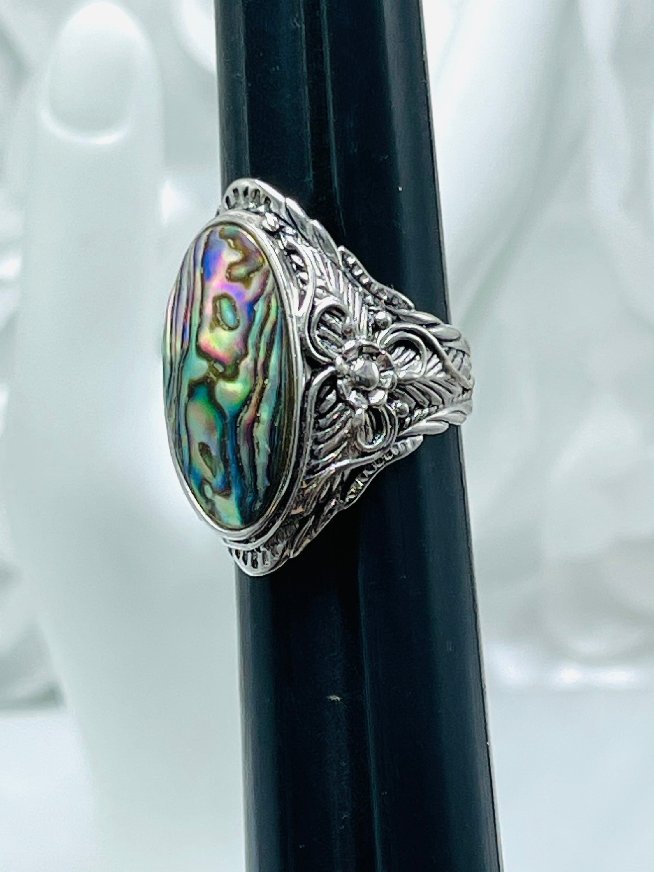 Abalone Shell Silver Ring Floral Design Marked 925 CFJ | Etsy