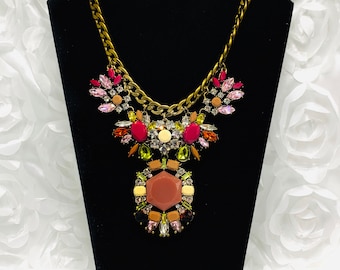 Joan Rivers Chunky Statement Necklace Chartreuse,Clear,Peridot,Pink,Orange Rhinestones Gold Tone