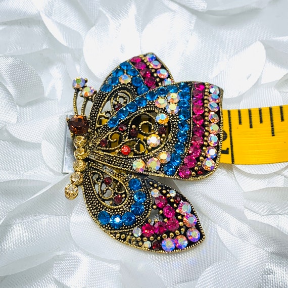 Butterfly Brooch Multi colored rhinestone Gold To… - image 6