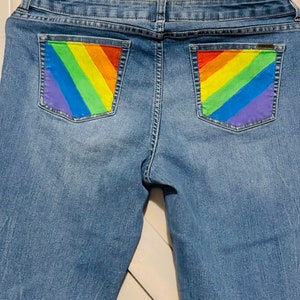 Rainbow Stretch Jeans Hand Painted Upcycled Jennifer Lopez Women’s Size 10 Skinny Straight Leg Used LGBTQ Gay Pride Festival Denim