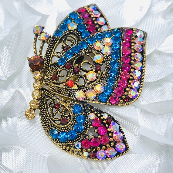 Butterfly Brooch Multi colored rhinestone Gold To… - image 1