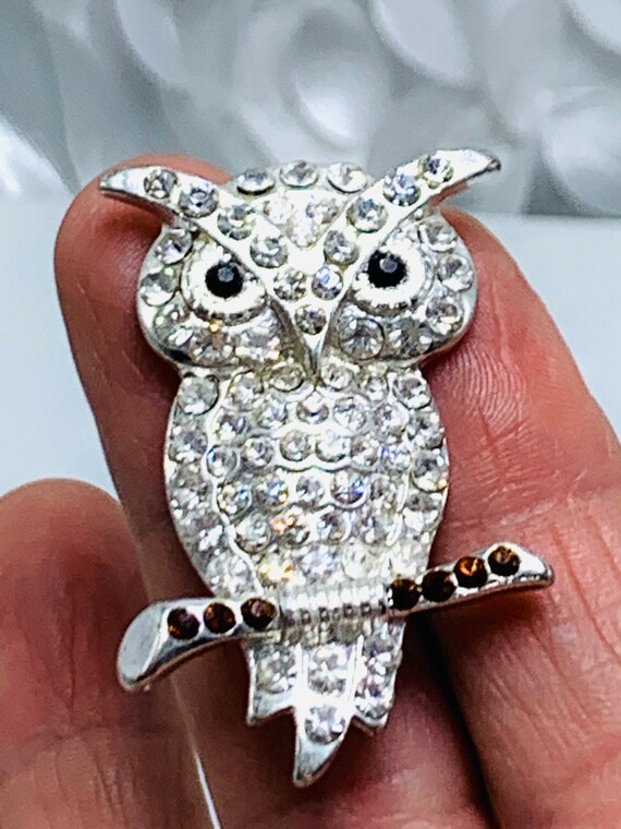 Pave Crystal Owl Brooch Silver Tone Owl On Branch… - image 5