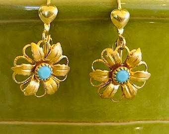 Swarovski Turquoise Crystal Flower Earrings Raw Brass Heart Lever Back Earring Wire Hand Made
