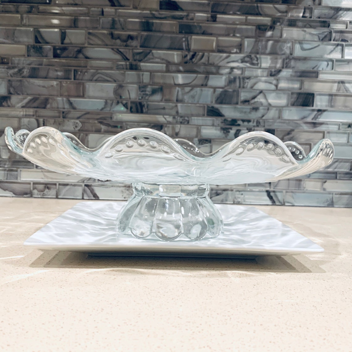 Glass Footed Cake Stand Pedestal Etched Roses Scalloped Etsy