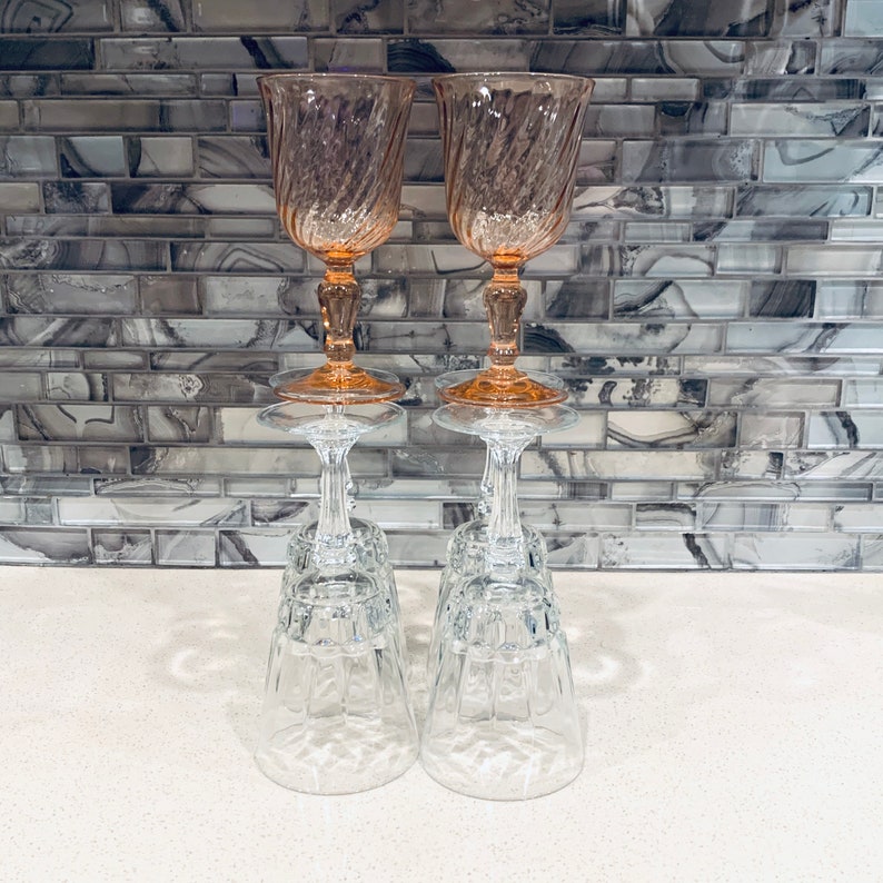 Vintage Mismatch Water Goblets Glass Stemware Pink Luminarc Wine And Crystal Wine Goblets Set Of 4 Clear and 2 Pink Luminarc Rosaline Swirl