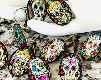 Pendientes Calavara Cristal Sugar Skull Calavera Mexicana Dia De Los Muertos 25x18mm Cabujón Bronce Tono Palanca A mano Trasera Hecha