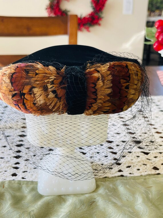 Black Velvet Feather Mini Hat Fascinator With Veil Intact  display picture 3