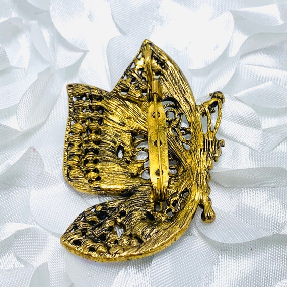 Butterfly Brooch Multi colored rhinestone Gold To… - image 3