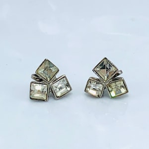 Art Deco Rhinestone Screw Back Earrings Crystal Rhinestone Geometric Cluster Silver Tone
