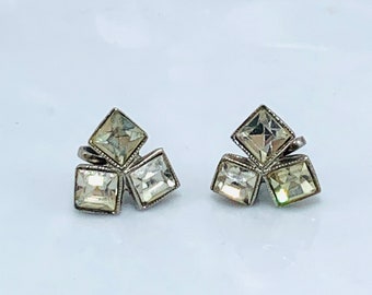 Art Deco Rhinestone Screw Back Earrings Crystal Rhinestone Geometric Cluster Silver Tone
