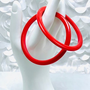 Red Bakelite Bangles Bracelets Stackable Set Of Two 1/4 Inch Slice Cut Solid Red Color