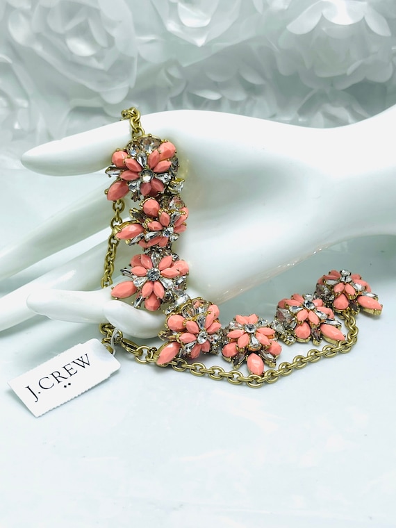 J Crew Pink Coral Clear Rhinestone Floral Necklac… - image 2