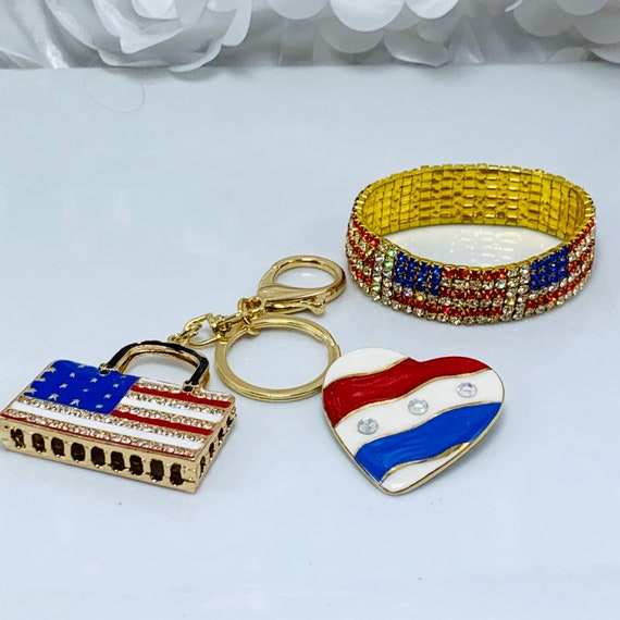 Patriotic Flag Jewelry Keychain Bracelet And Pin … - image 1
