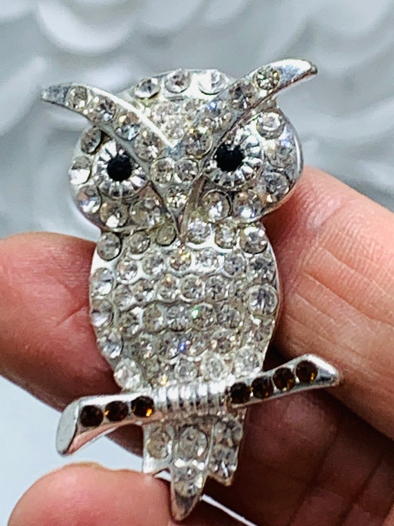 Pave Crystal Owl Brooch Silver Tone Owl On Branch… - image 6