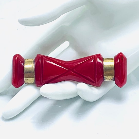 Bakelite Red Bow Brooch Brass Carved Bow tie - image 1