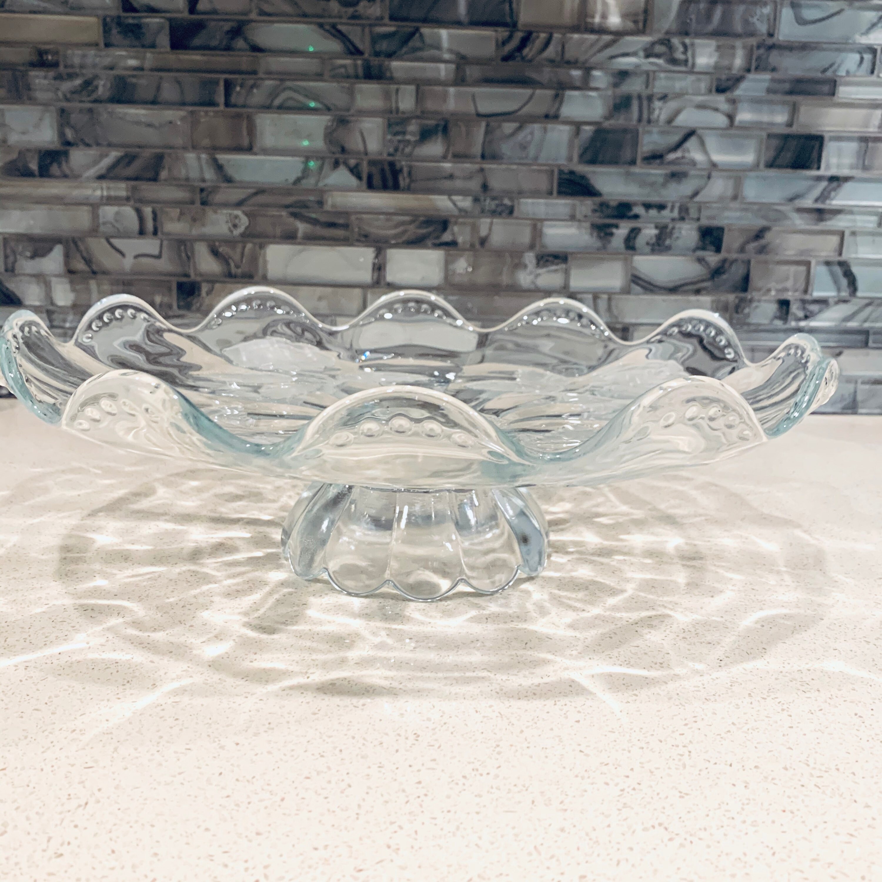 Glass Footed Cake Stand Pedestal Etched Roses Scalloped Etsy