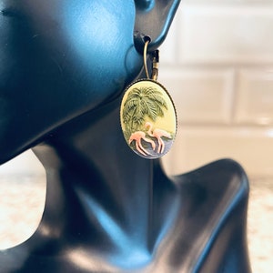 Pink Flamingo Tropical Resin Earrings Kitchy Cameo Palm Trees Florida Airstream Cabochon Bronze Tone Lever Back Oval 25x18mm Hand Made