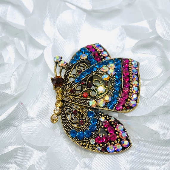 Butterfly Brooch Multi colored rhinestone Gold To… - image 2