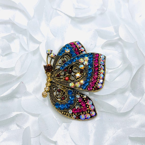 Butterfly Brooch Multi colored rhinestone Gold To… - image 4