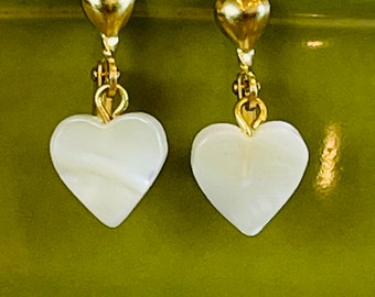 Mother Of Pearl Heart Shape Earrings Drop Dangle Sweetheart Heart Shaped Earrings Raw Brass Heart Lever Back Earring Wires Hand Made