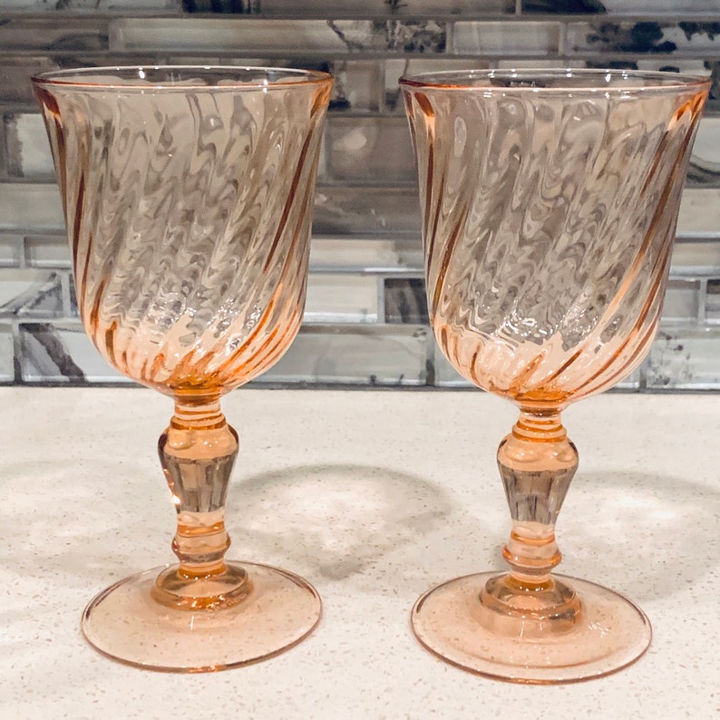 Vintage Mismatch Water Goblets Glass Stemware Pink Luminarc Wine And Crystal Wine Goblets Set Of 4 Clear and 2 Pink Luminarc Rosaline Swirl